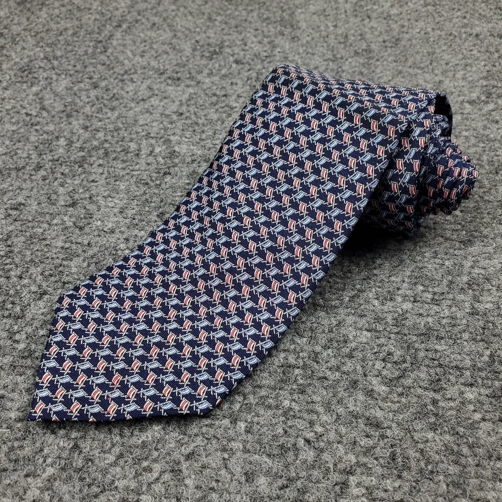 Salvatore Ferragamo Silk Tie Beach Chair Print Formal Navy Blue Made In Italy